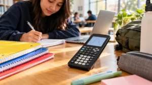 Graphing calculator with a student working through notes beside textbooks, illustrating the best graphing calculators for students.