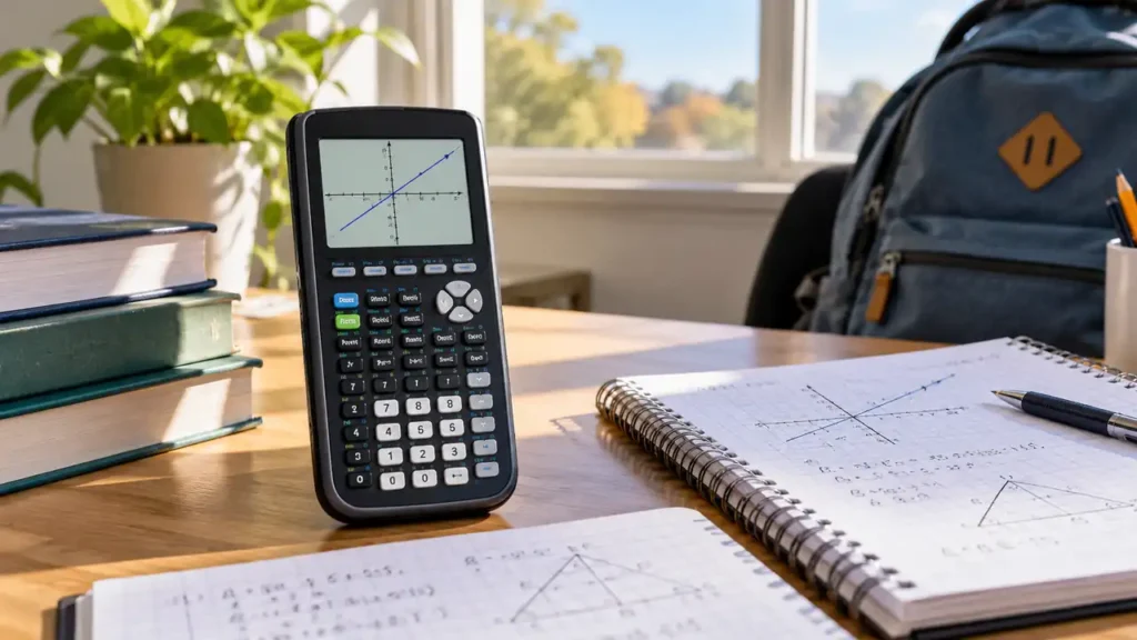 Graphing calculator with school notebooks and classroom materials, illustrating the best graphing calculators for high school.