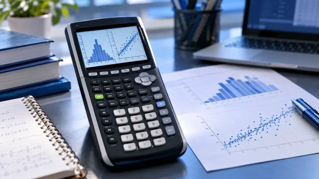 Graphing calculator with a data table and statistical charts, illustrating the best graphing calculator for statistics.