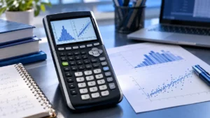 Graphing calculator with a data table and statistical charts, illustrating the best graphing calculator for statistics.