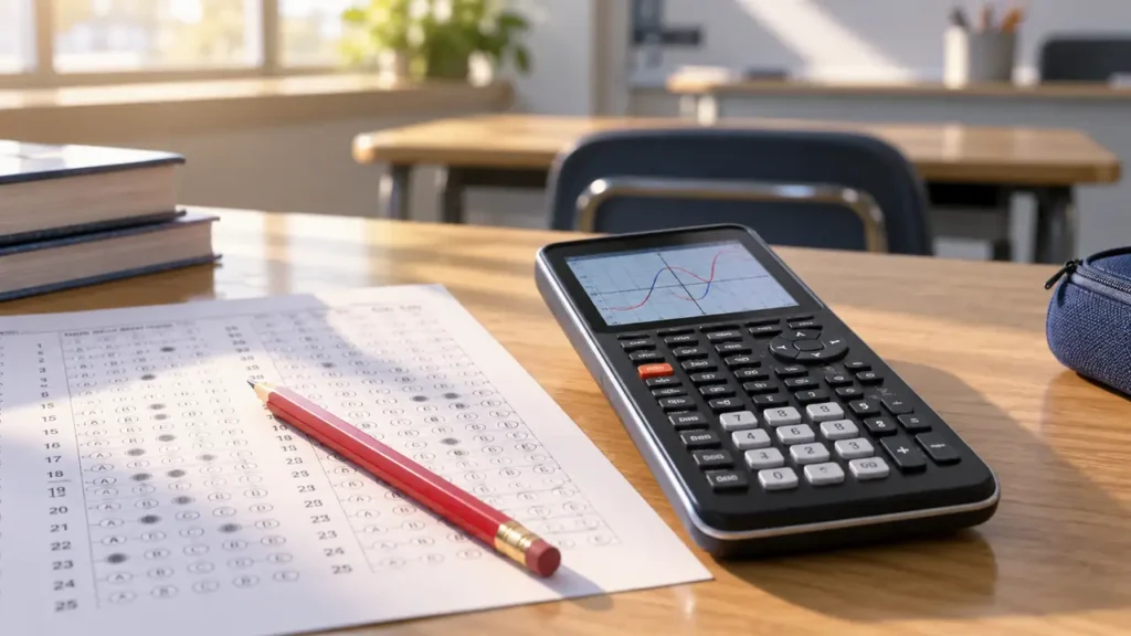 Graphing calculator with an ACT answer sheet and exam notes, illustrating the best graphing calculator for the ACT.