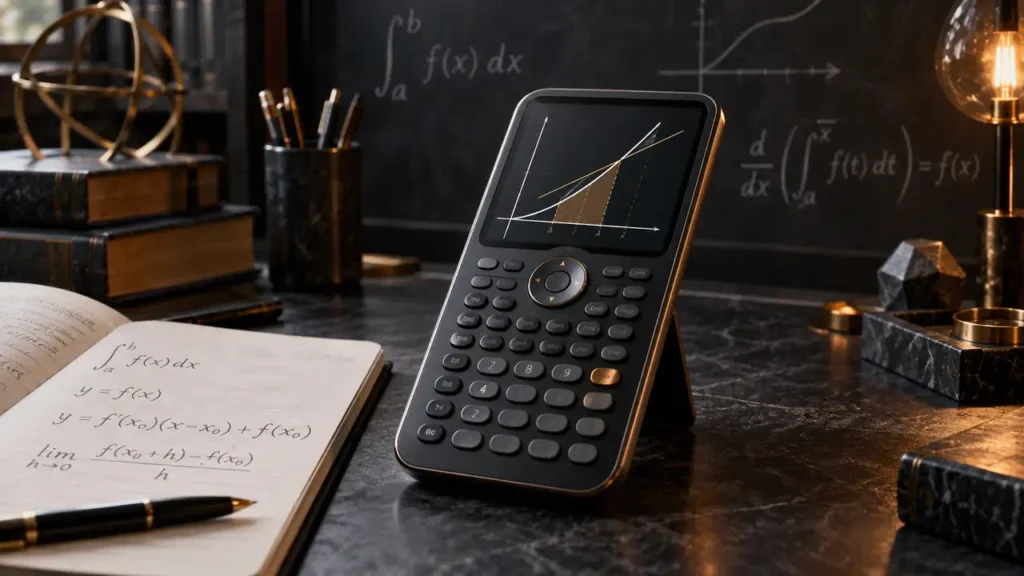Graphing calculator with calculus formulas and a function graph, illustrating the best graphing calculator for AP Calculus.