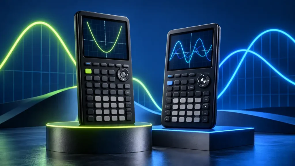 Color graphing calculators on geometric podiums for the TI-84 Plus CE vs Casio fx-CG50 comparison.