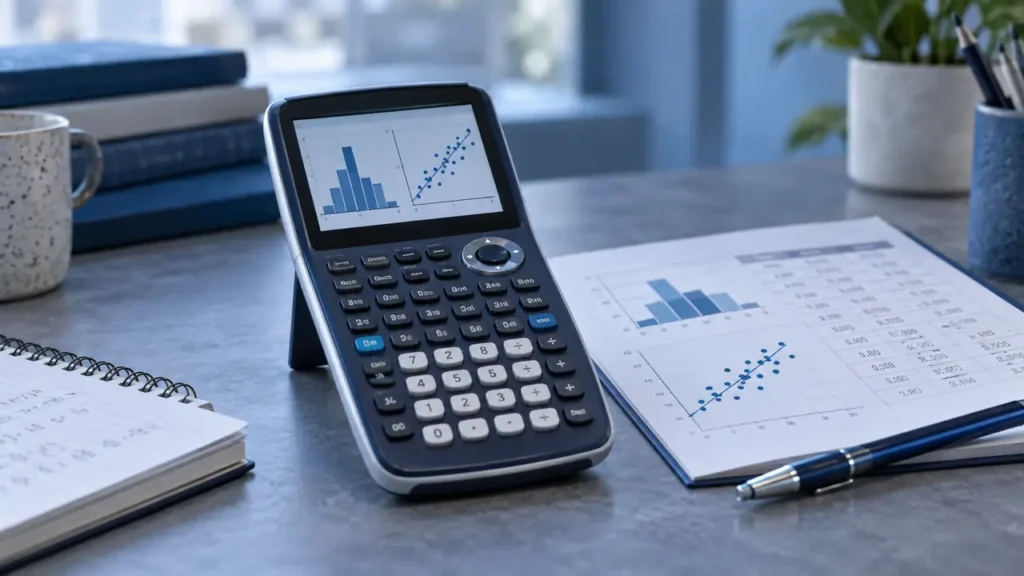Graphing calculator with a data table and statistical charts, illustrating the best graphing calculator for AP Statistics.