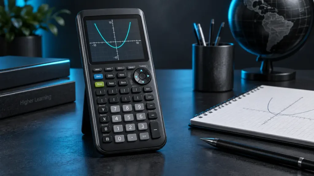 Graphing calculator with a plotted function and handwritten math notes, illustrating the best non-CAS graphing calculator.