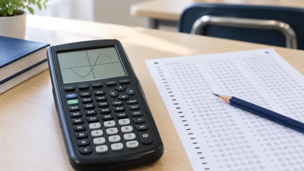 Graphing calculator beside an SAT answer sheet and blue pen, illustrating whether graphing calculators are permitted on the SAT.