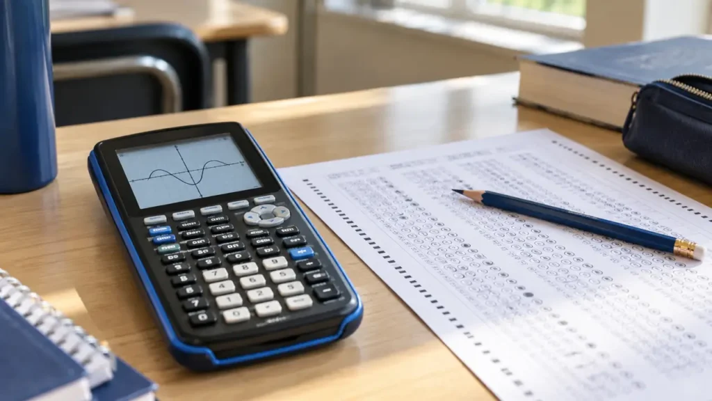 TI-84 Plus CE calculator beside an exam answer sheet, illustrating whether it is allowed on the SAT.