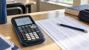 TI-84 Plus CE calculator beside an exam answer sheet, illustrating whether it is allowed on the SAT.